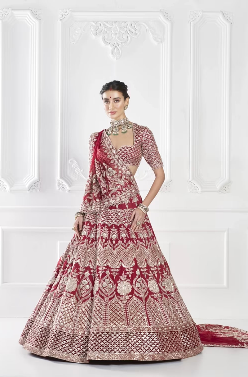 Deep Red Scallop Embroidered Lehenga Set