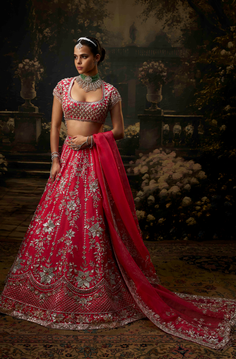 Hot Pink Rawsilk Stone Embroidered Lehenga Set