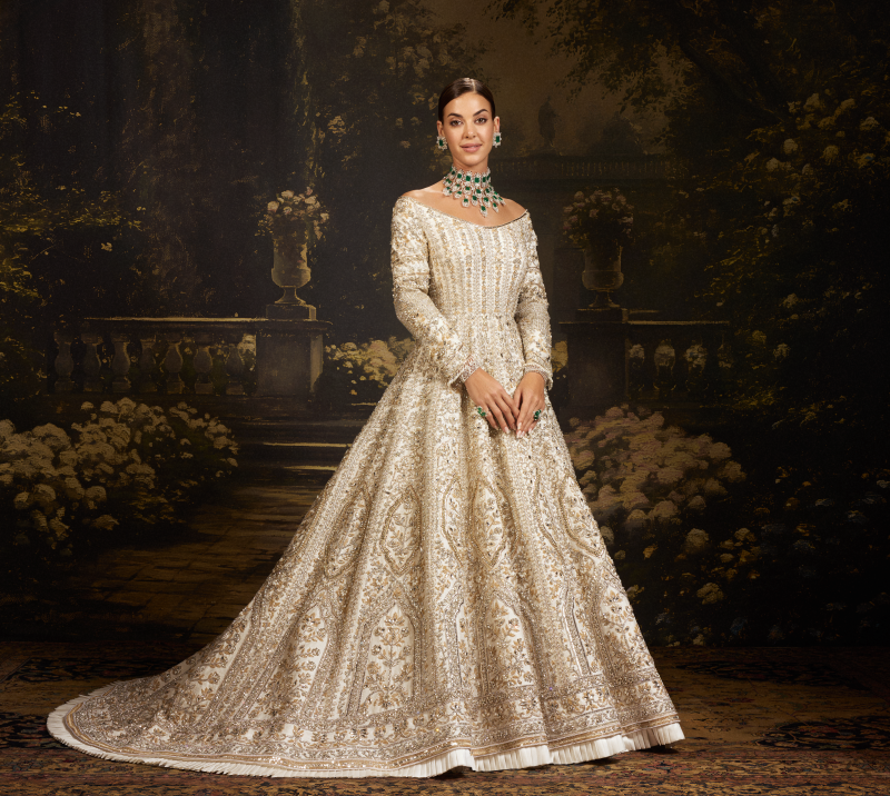 Taj Mahal Ivory Raw Silk Embroidered Gown