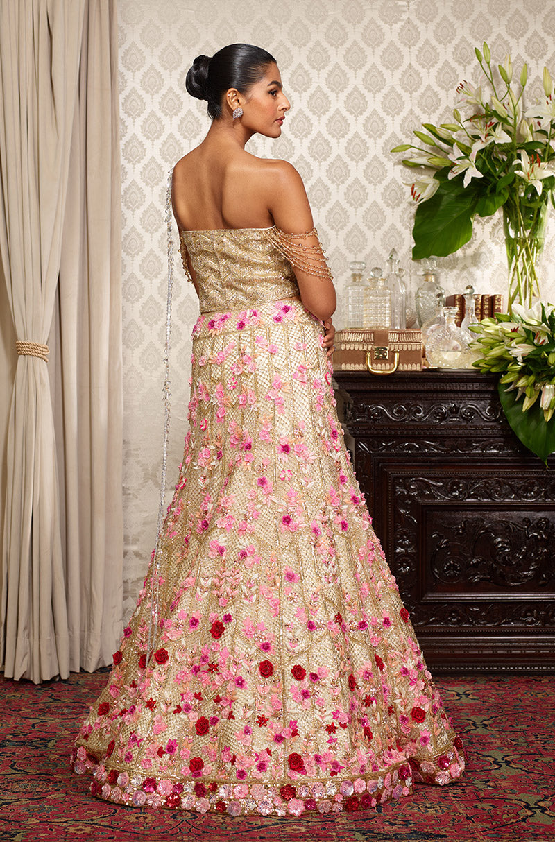 Gold Tulle with 3D Floral Embroidered Lehenga Set