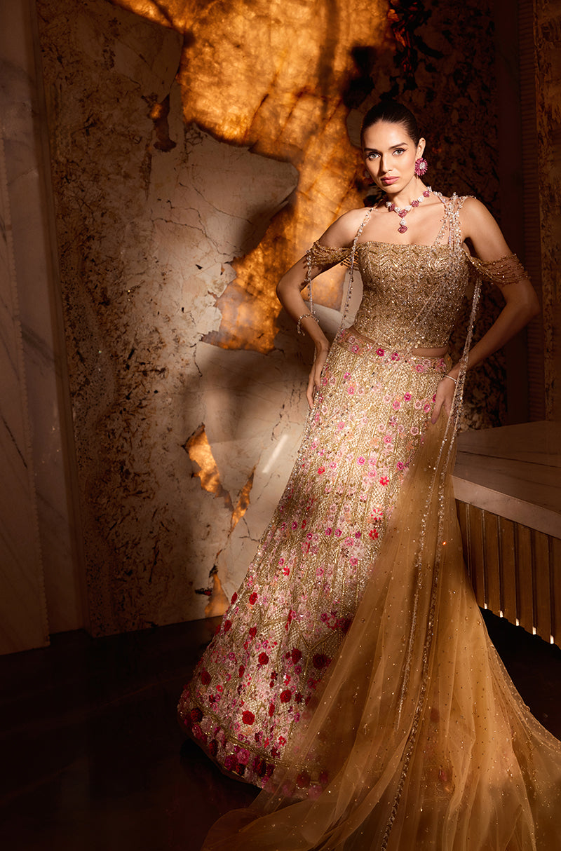 Gold Tulle with 3D Floral Embroidered Lehenga Set