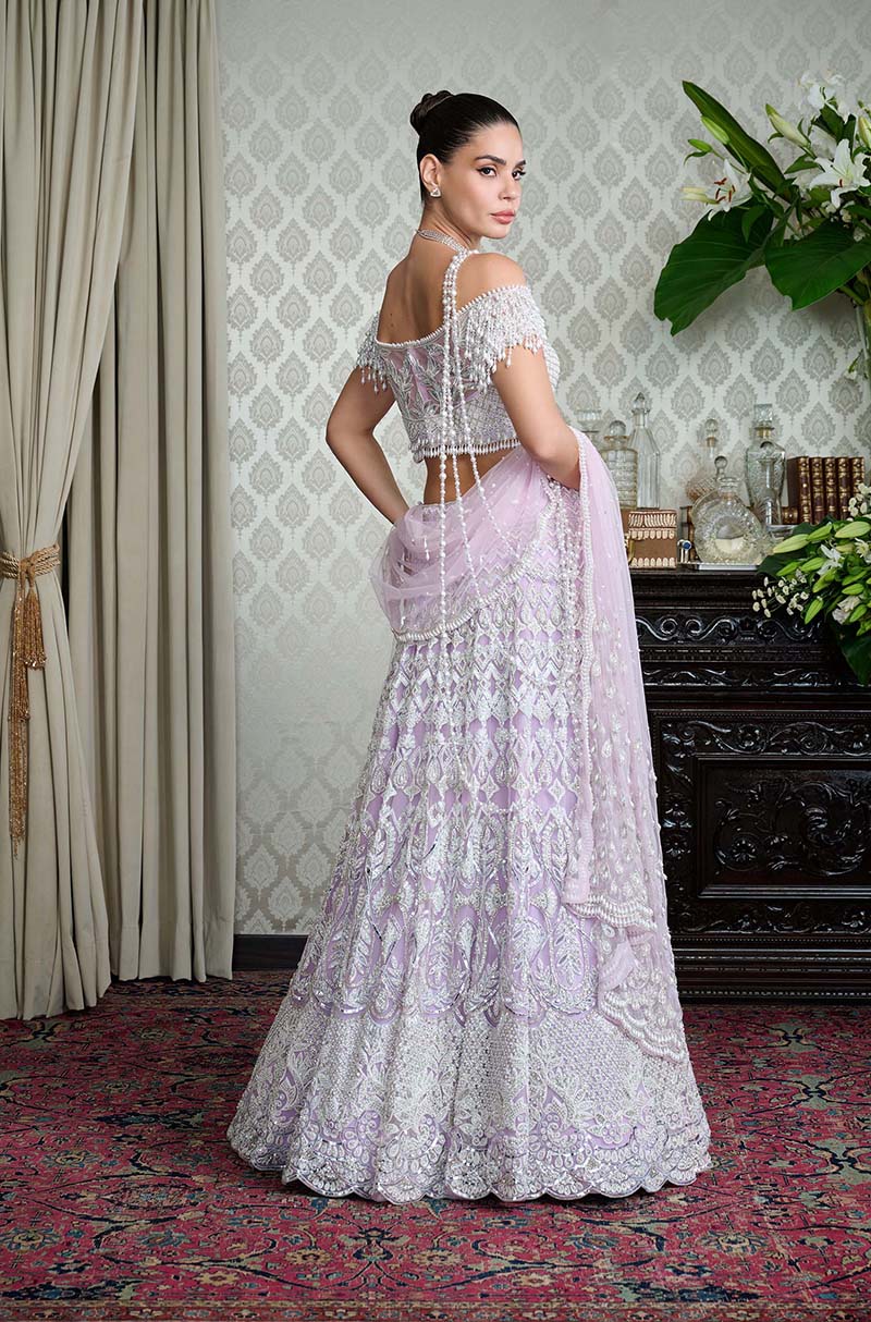 Lilac Tulle Pearl Embroidered Lehenga Set