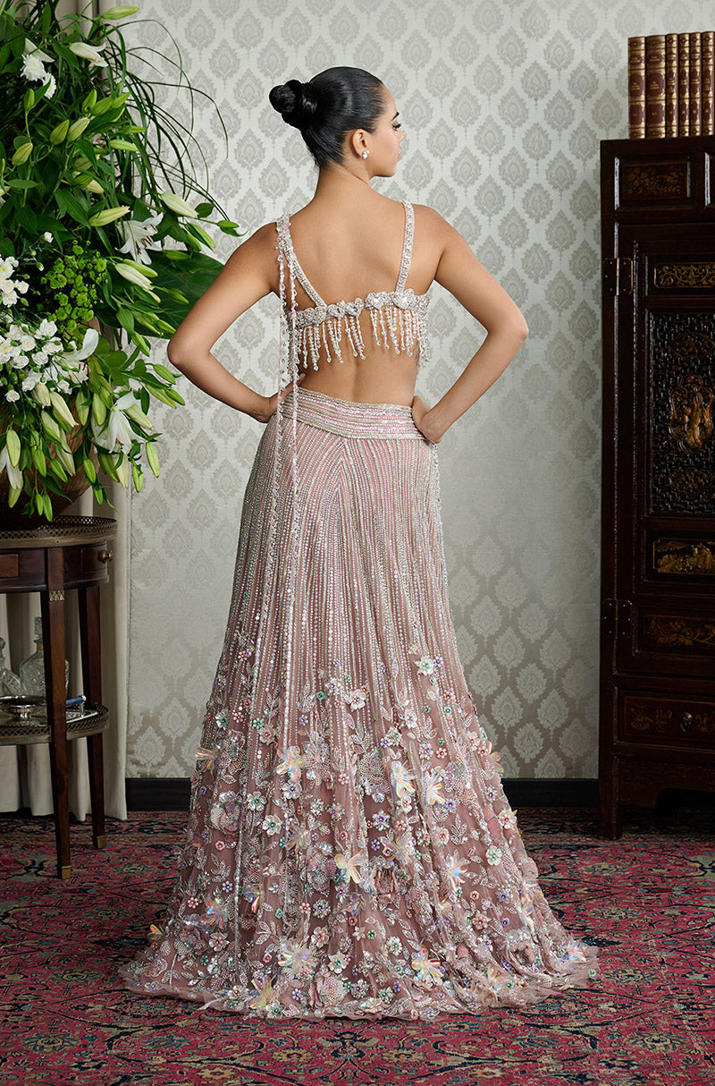 Brown Stone Embroidered Multicolour 3D Floral Lehenga Set