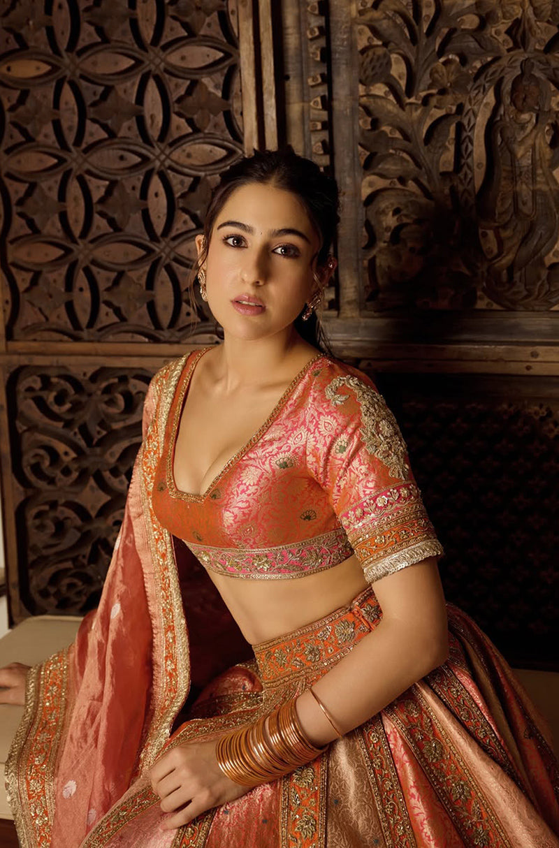 Sara Ali Khan in our Multi Color Brocade Embroidered Lehenga Set