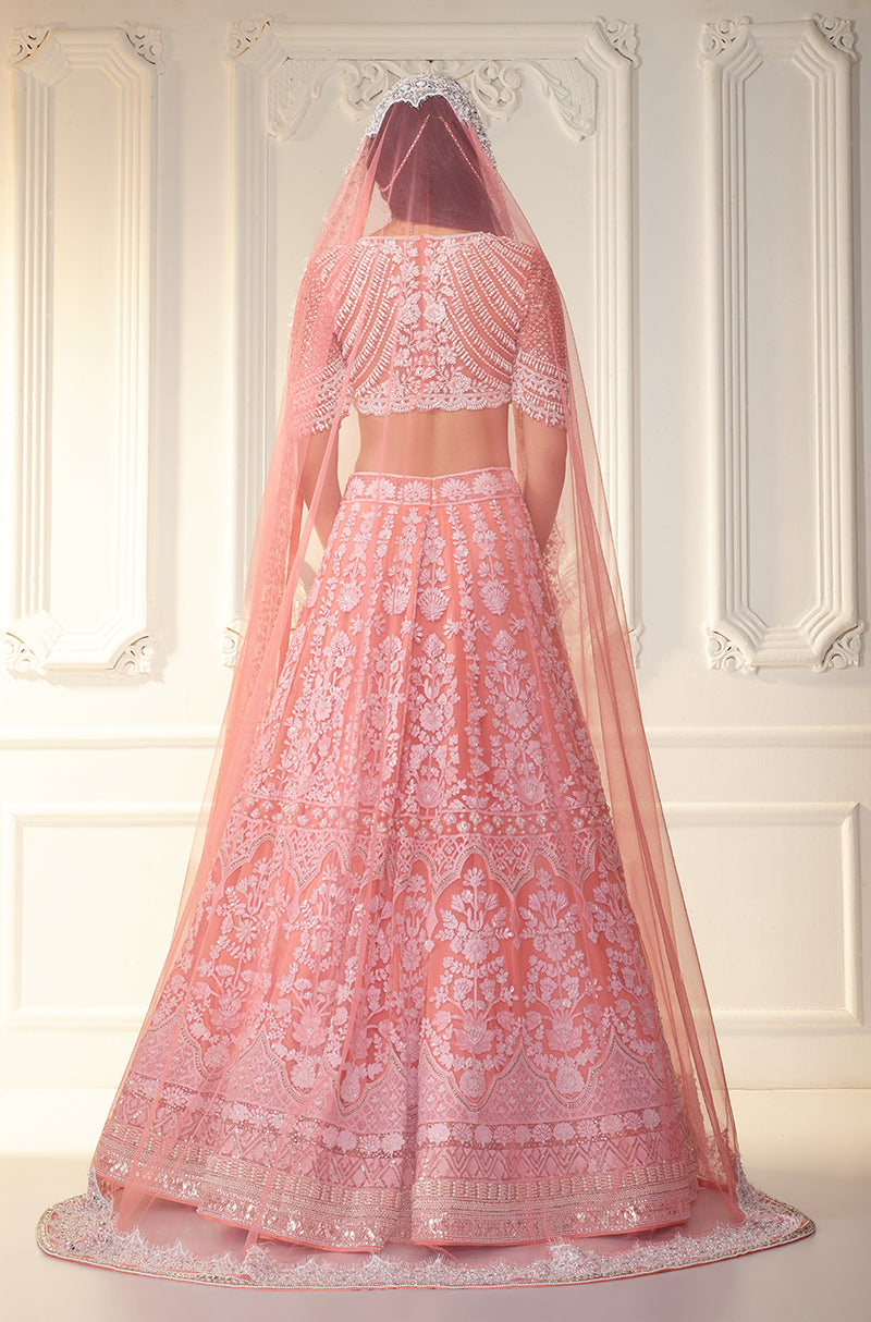 Coral & Ivory Chikankari Mijwan Embroidered Lehenga Set