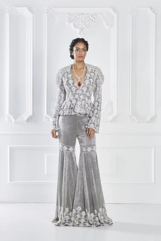 Charcoal Grey Encrusted Peplum Sharara Set