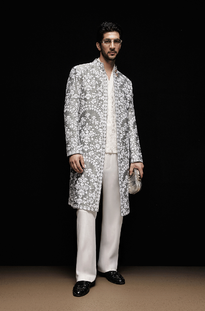 Slate Grey & Ivory Mijwan Sherwani Set