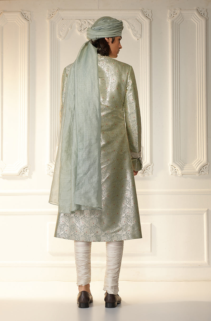 Grey Brocade Achkan Sherwani Set