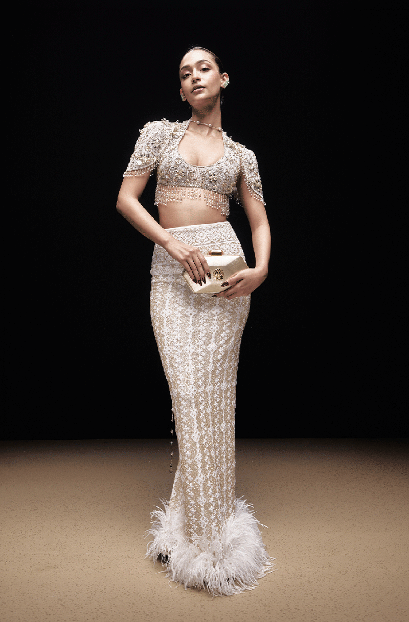Ivory Mijwan Column Skirt Set
