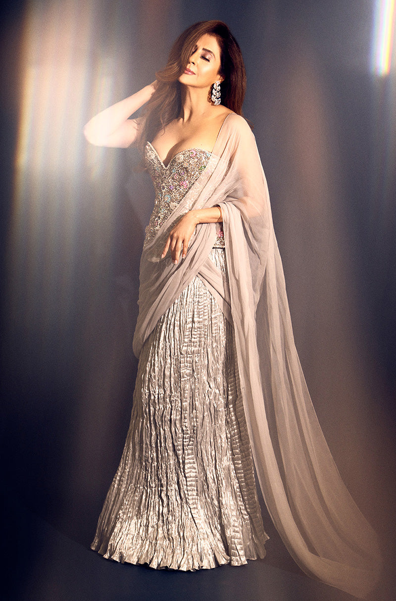 Urmila Matondkar in our Silver Jeweled Corset Tissue Skirt Set