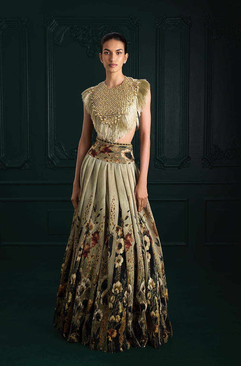 Green & Black Floral Printed Pleated High Waist Lehenga Set