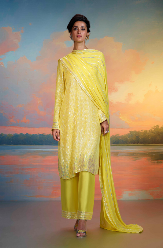 Yellow Ombre Moon Sequin Kurta Set