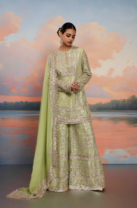 Lime Green Raw Silk Kurta Set