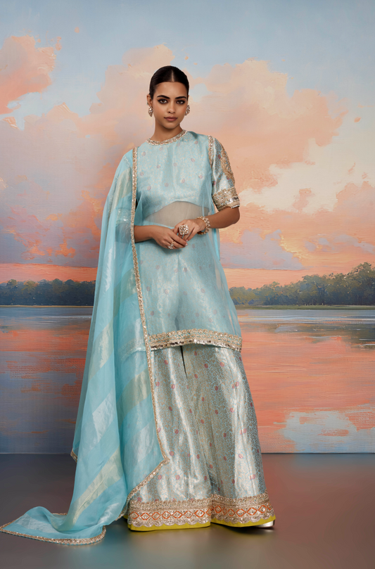 Turquoise Tissue Kurta Set