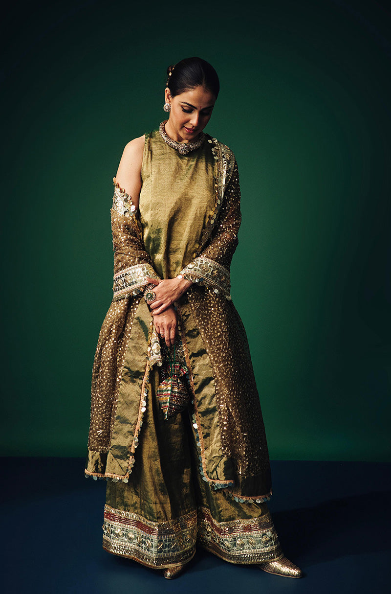 Genelia Deshmukh in our Olive Green Tissue Kurta Set