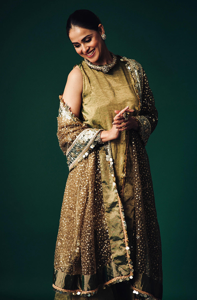 Genelia Deshmukh in our Olive Green Tissue Kurta Set