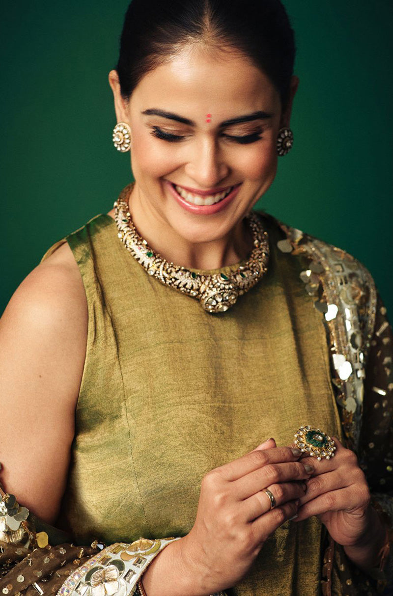 Genelia Deshmukh in our Olive Green Tissue Kurta Set