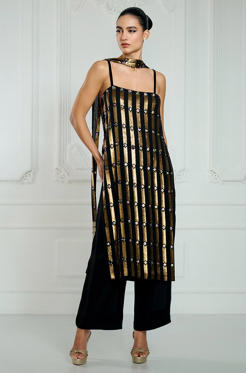 Black & Gold Sequin Stripe Embroidered Kurta Set