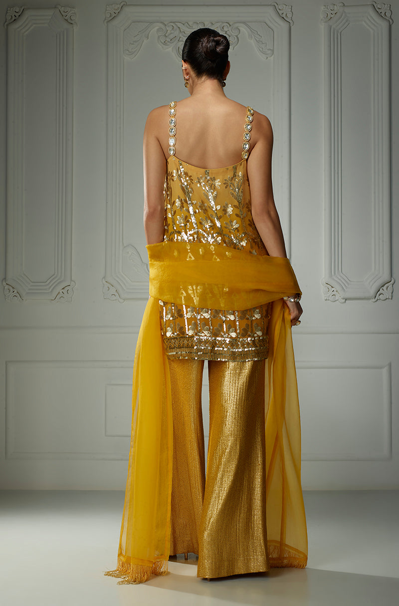 Mustard Ombré Matt Leaf Embroidery Sequin Kurta Set