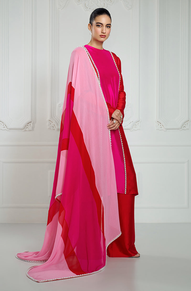 Bright Red & Magenta Patchwork kurta Set