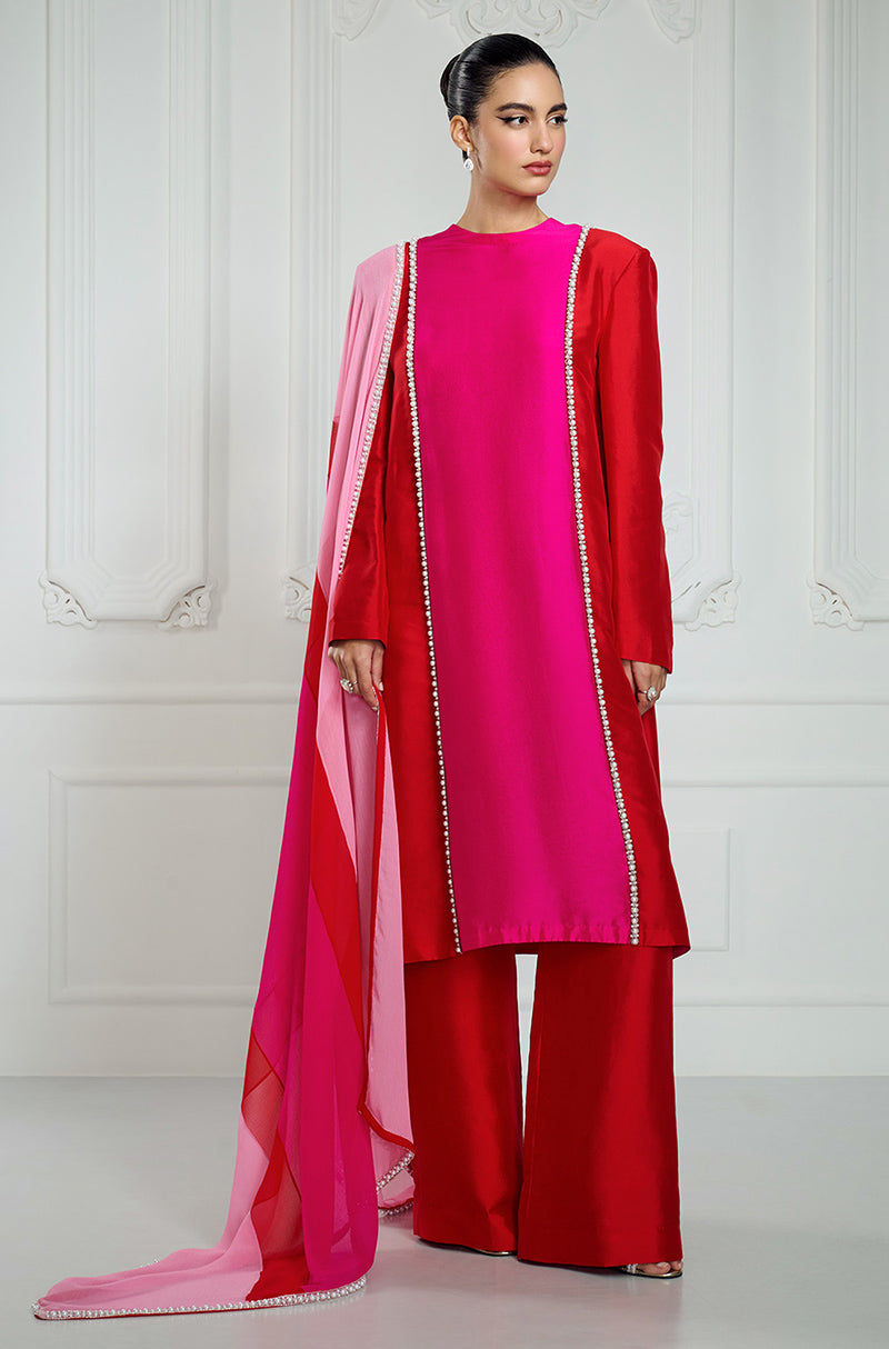 Bright Red & Magenta Patchwork kurta Set