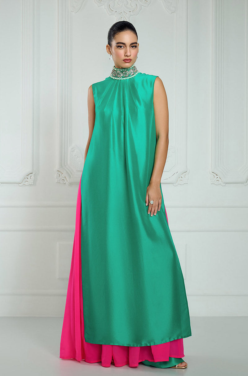Green-Fuschia Long Straight Sleeveless Kurta Set