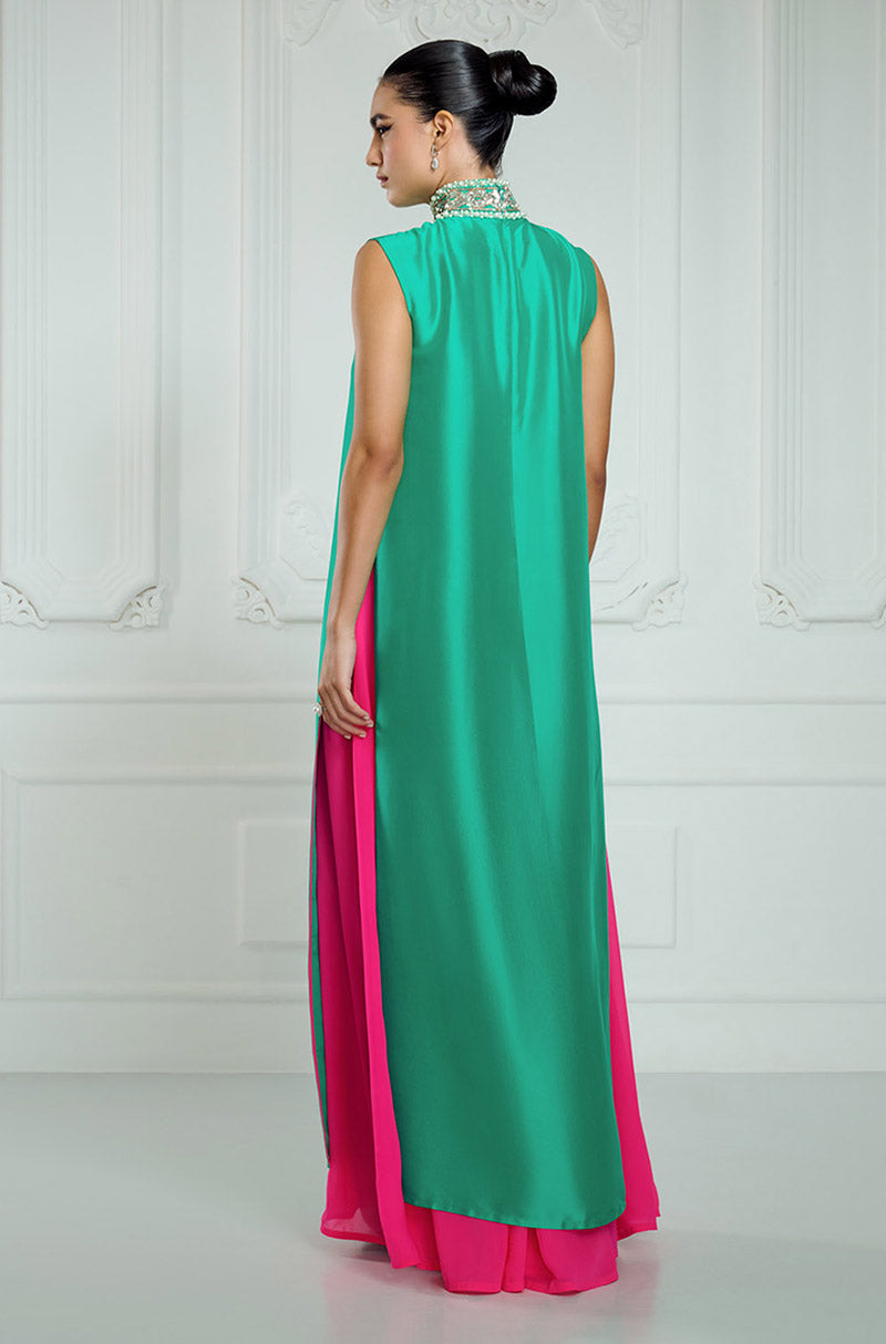 Green-Fuschia Long Straight Sleeveless Kurta Set