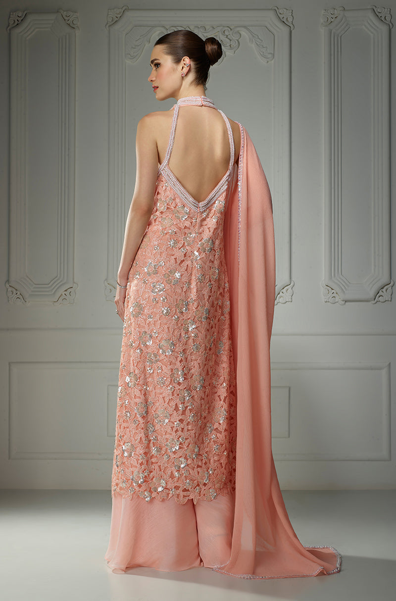 Peach In-Cut High Neck Sequin Embroidered Kurta Set
