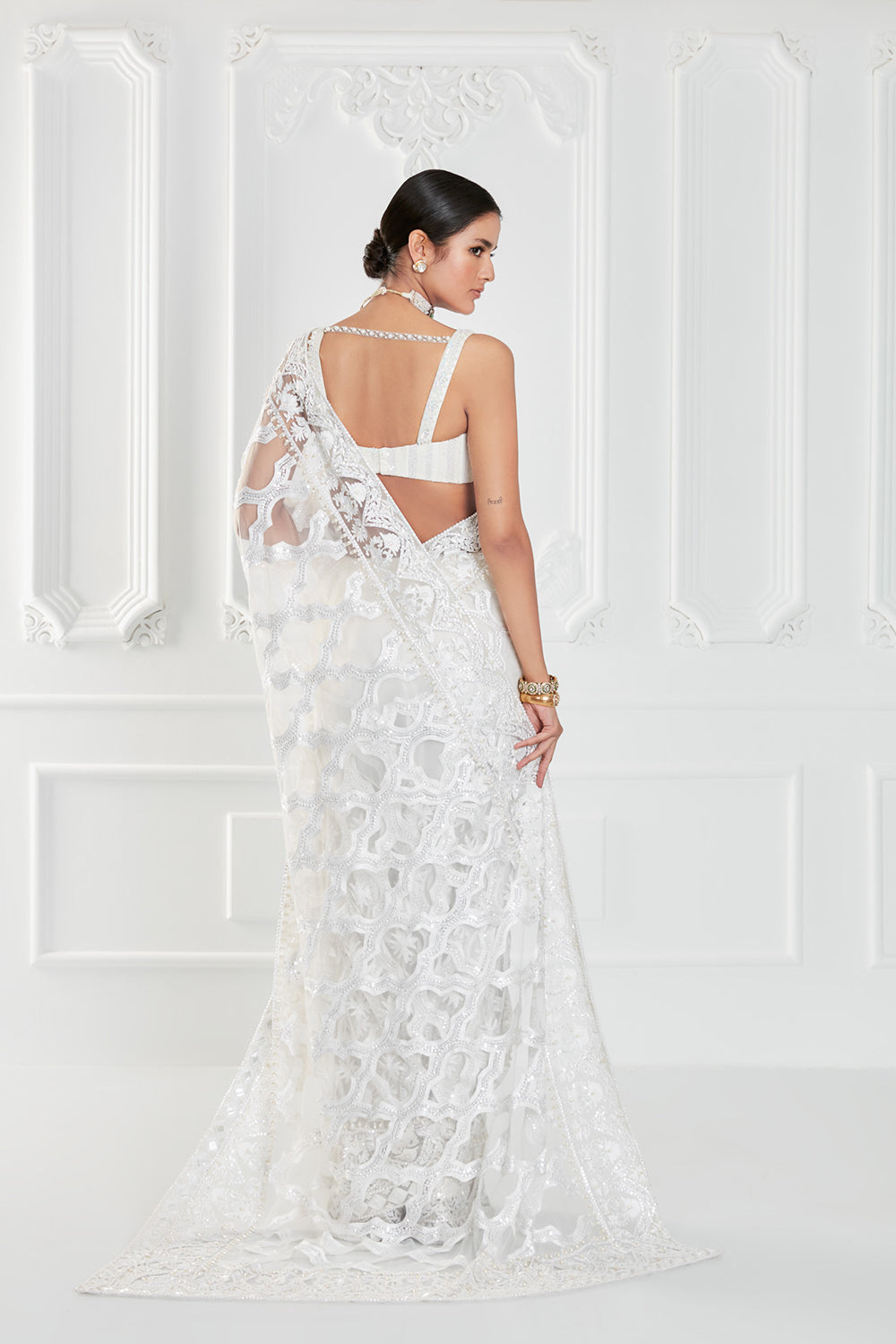 Ivory Tulle Kashimiri Embroidered Saree Set