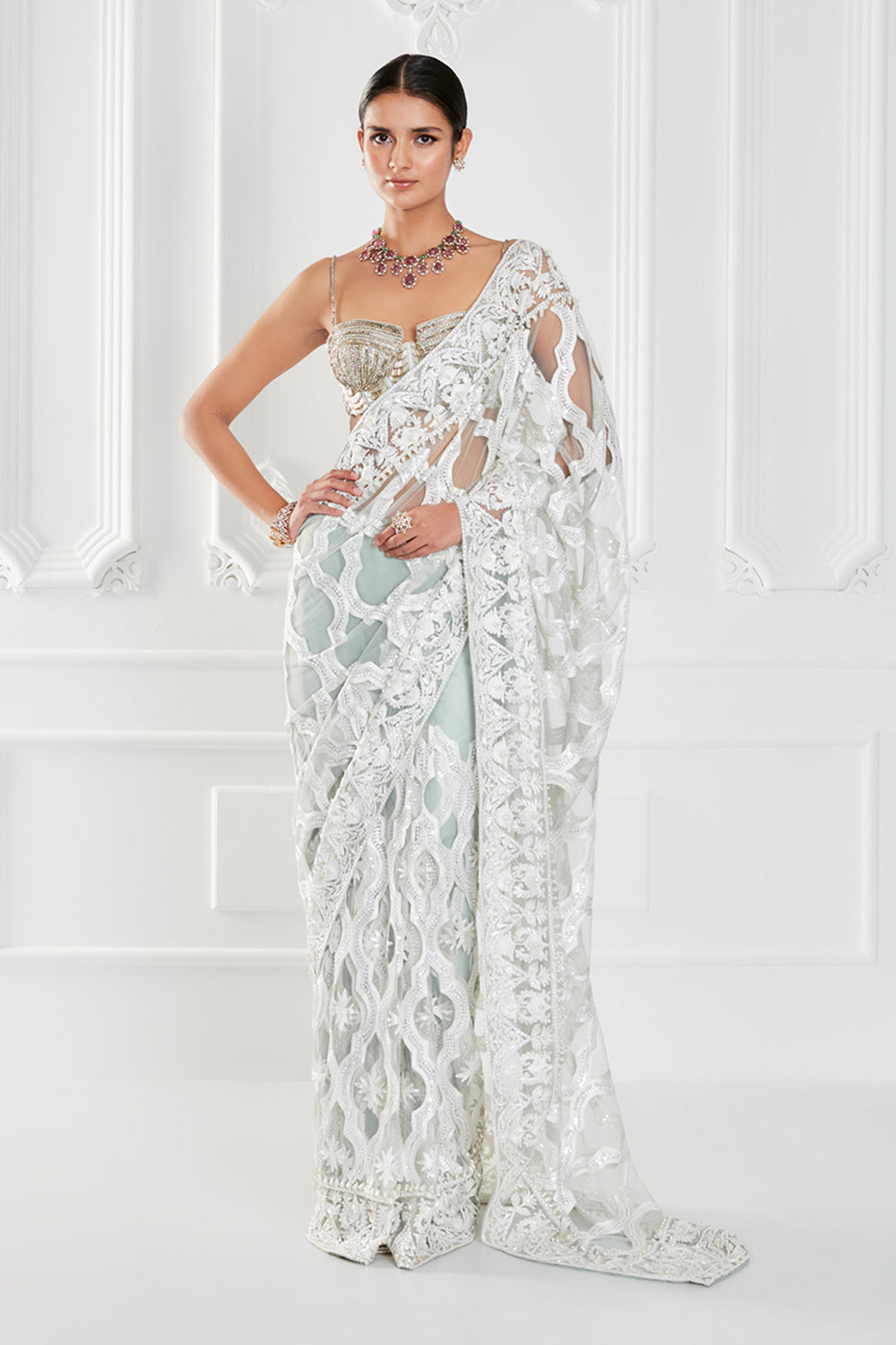 Powder Blue Tulle Kashmiri Embroidered Saree Set