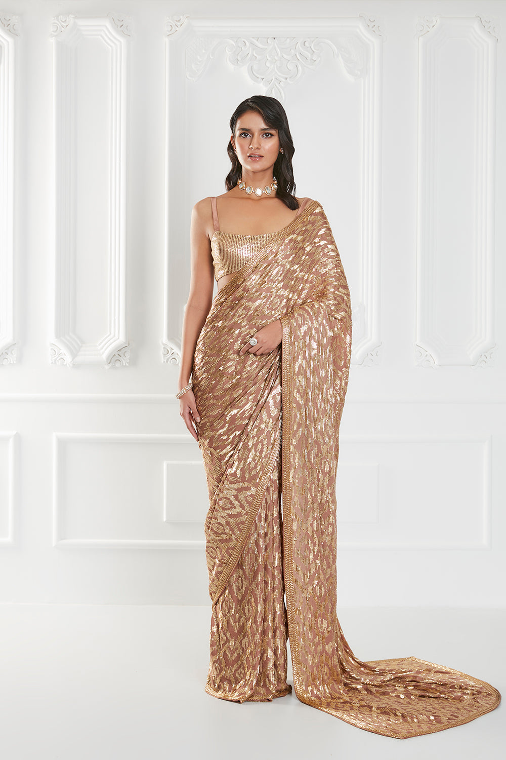 Mocha Georgette Sequins Embroidered Saree Set