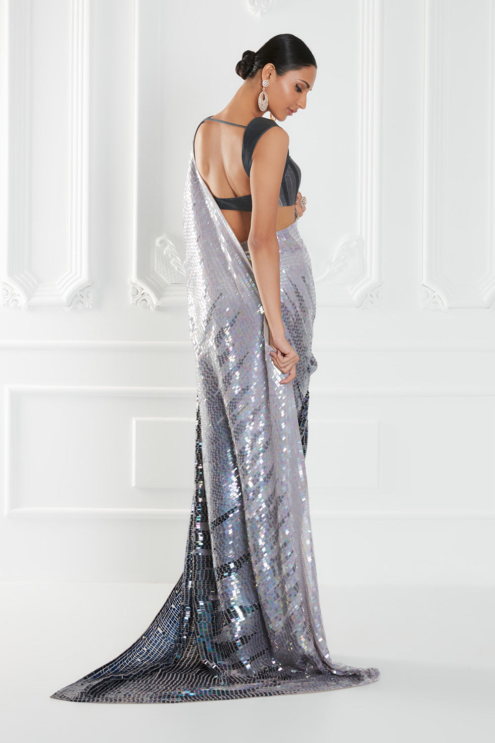 Silver Ombré Georgette Sequins Saree Set