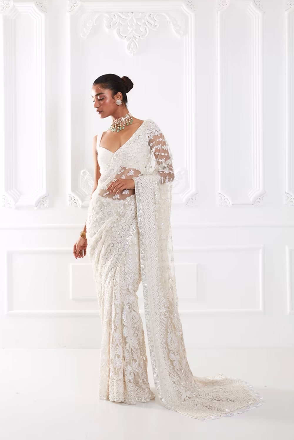 Ivory Net Kashmiri Embroidered Saree Set