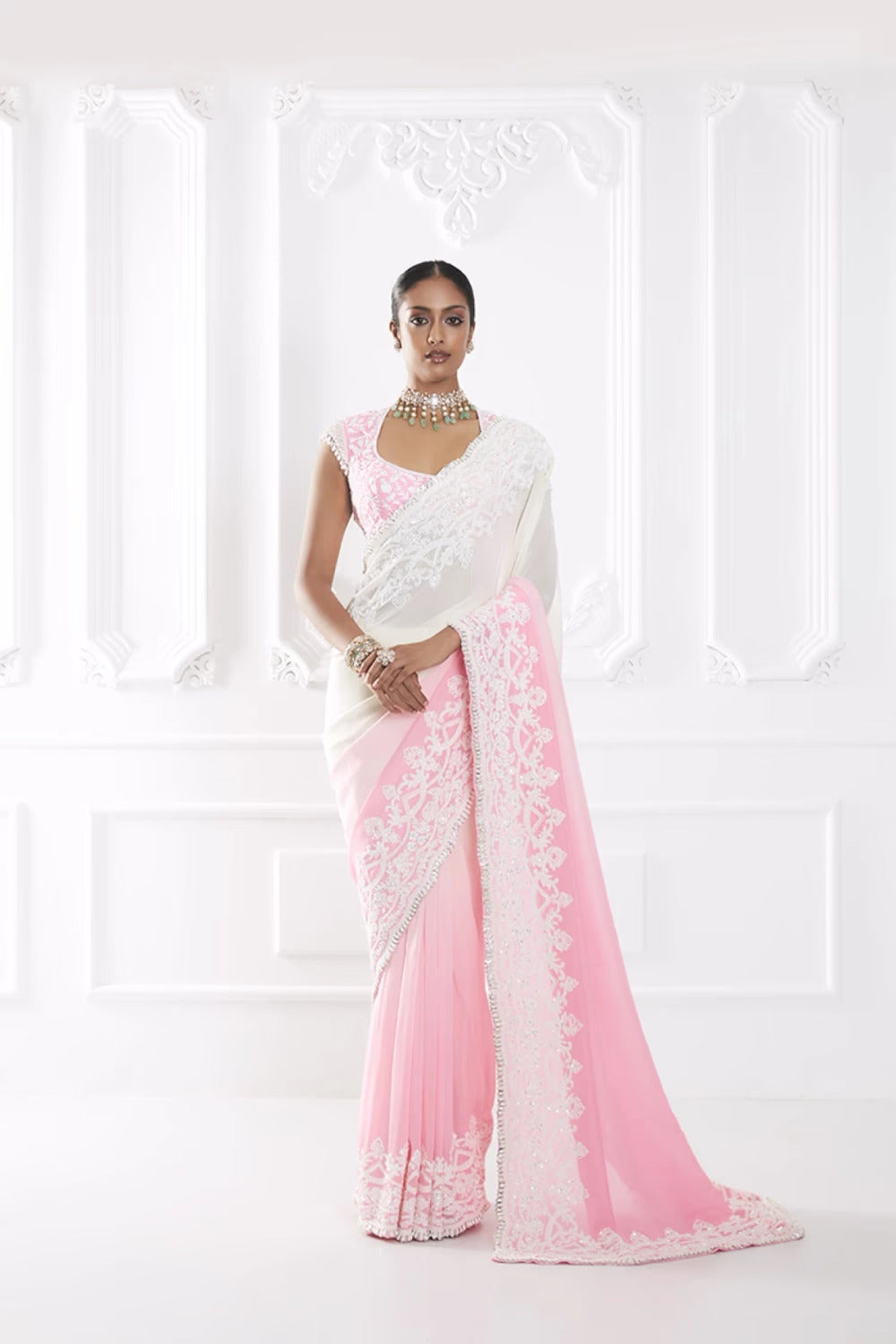 Pink Ombre Dori Embroidered Saree Set
