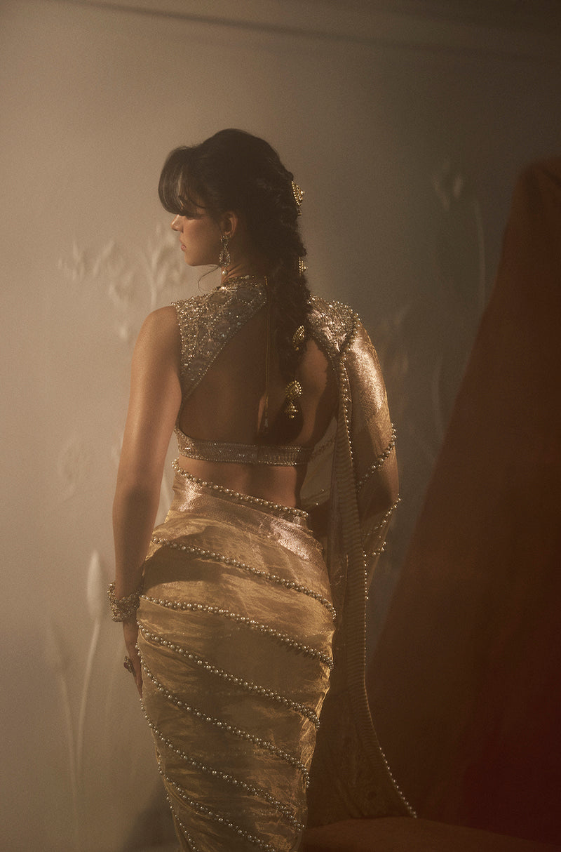 Disha Patni in our Gold Tissue Pearl Embellished Saree Set