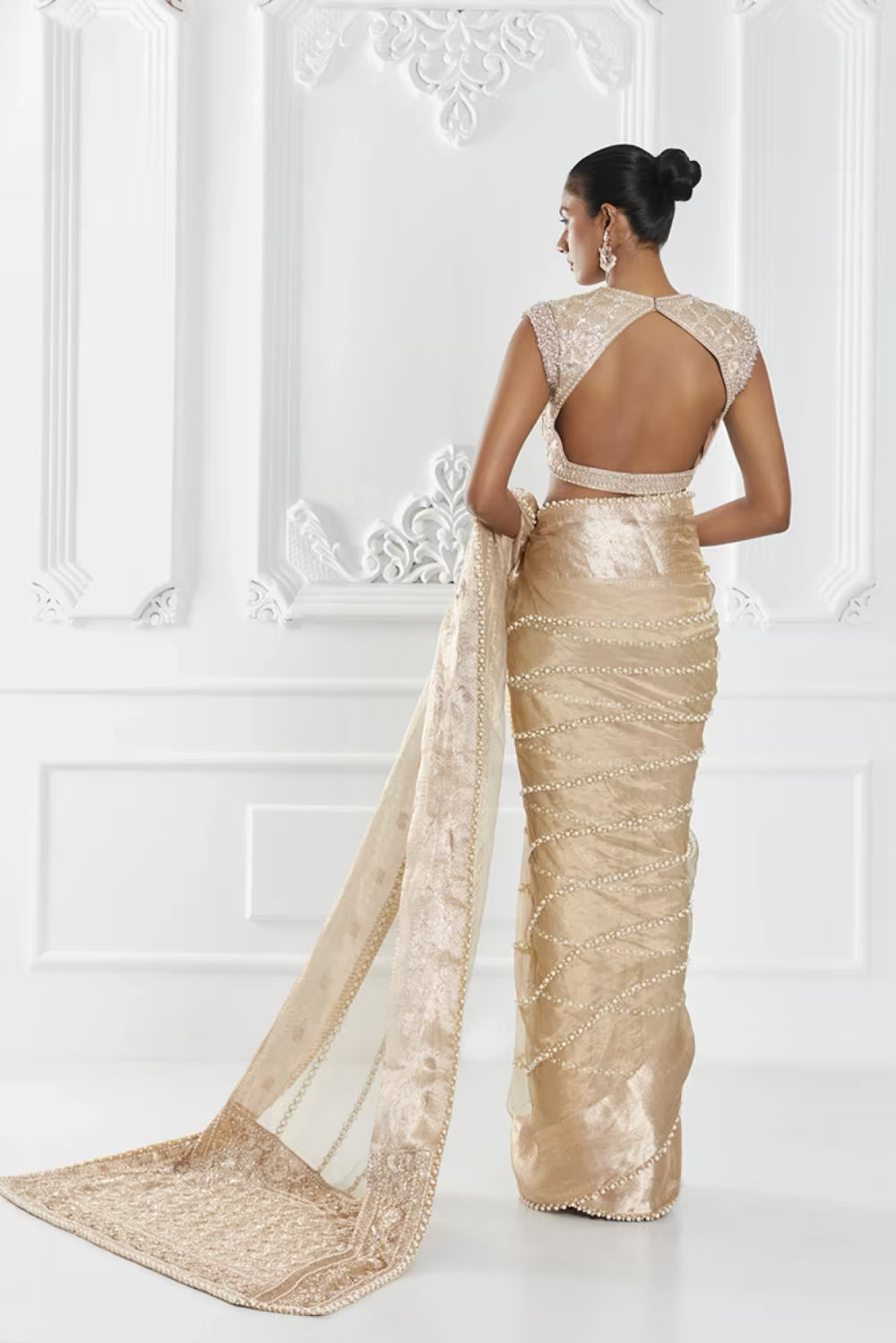 Gold Tissue Pearl Saree Set