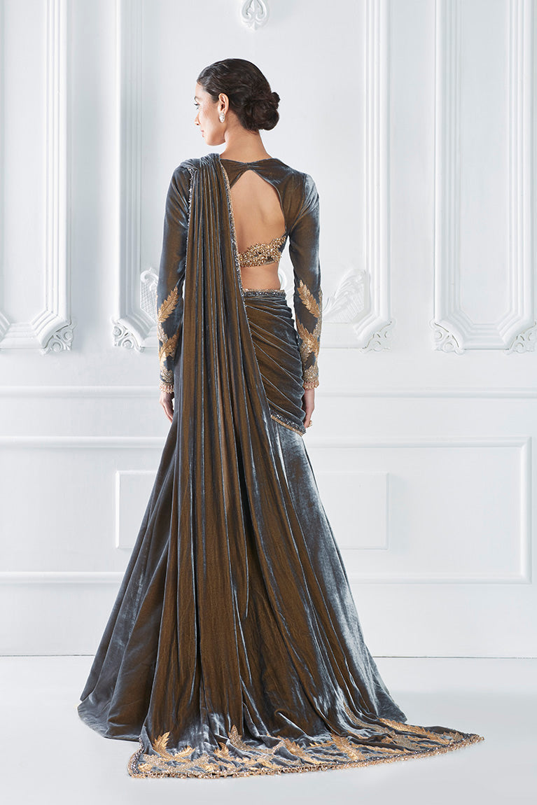 Grey Velvet Draped Saree Set
