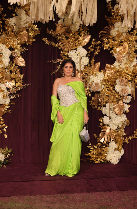 Anaita Shroff in our Lime Green Silk Satin Saree Set