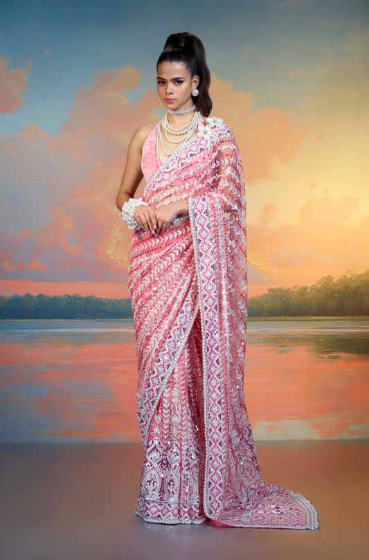 Blush Pink & Ivory Kashmiri Embroidered Saree Set