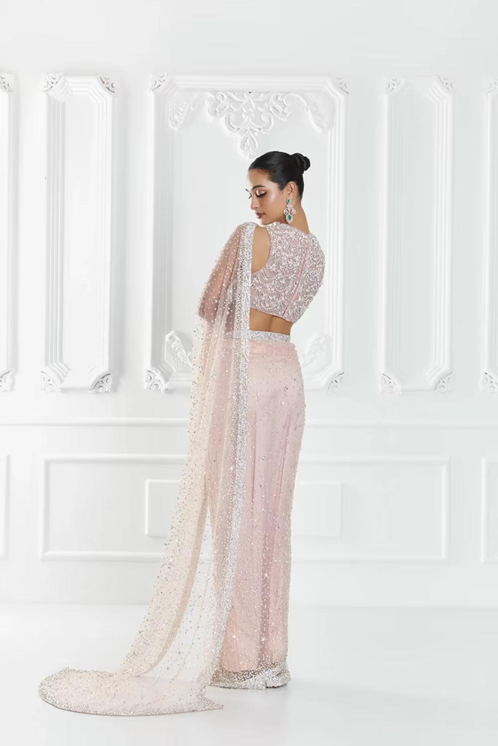 Blush Pink Pearl Embellished Saree Set