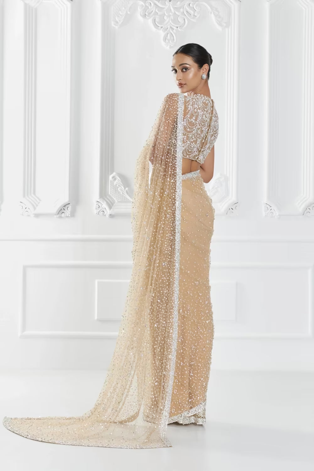 Beige Pearl Embellished Saree Set