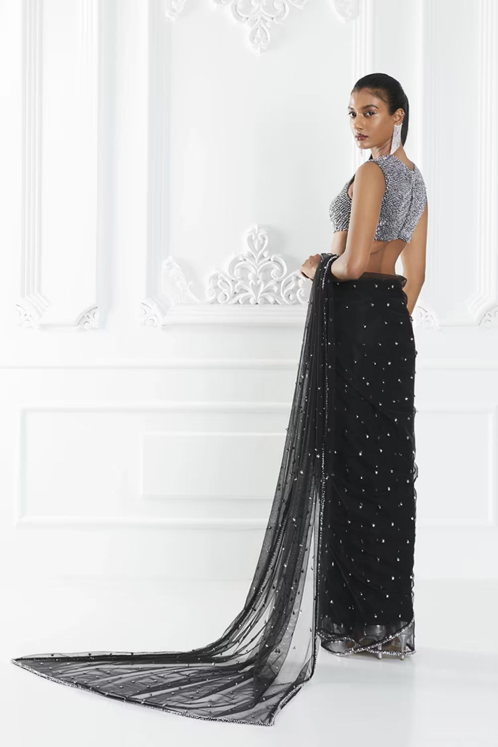 Black Crystal Embellished Saree Set