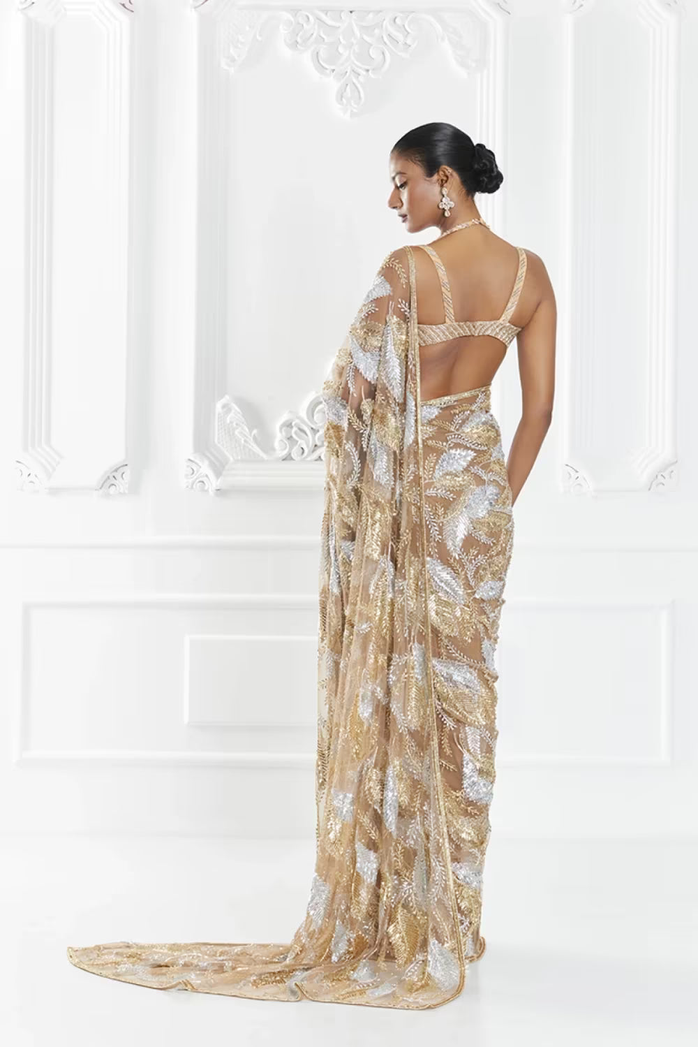 Brown Embellished Saree Set