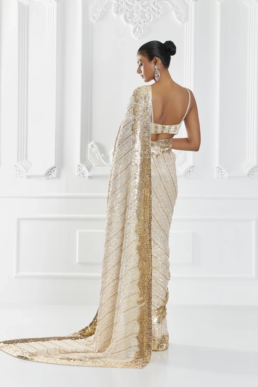 Light Beige Sequin Embellished Saree Set