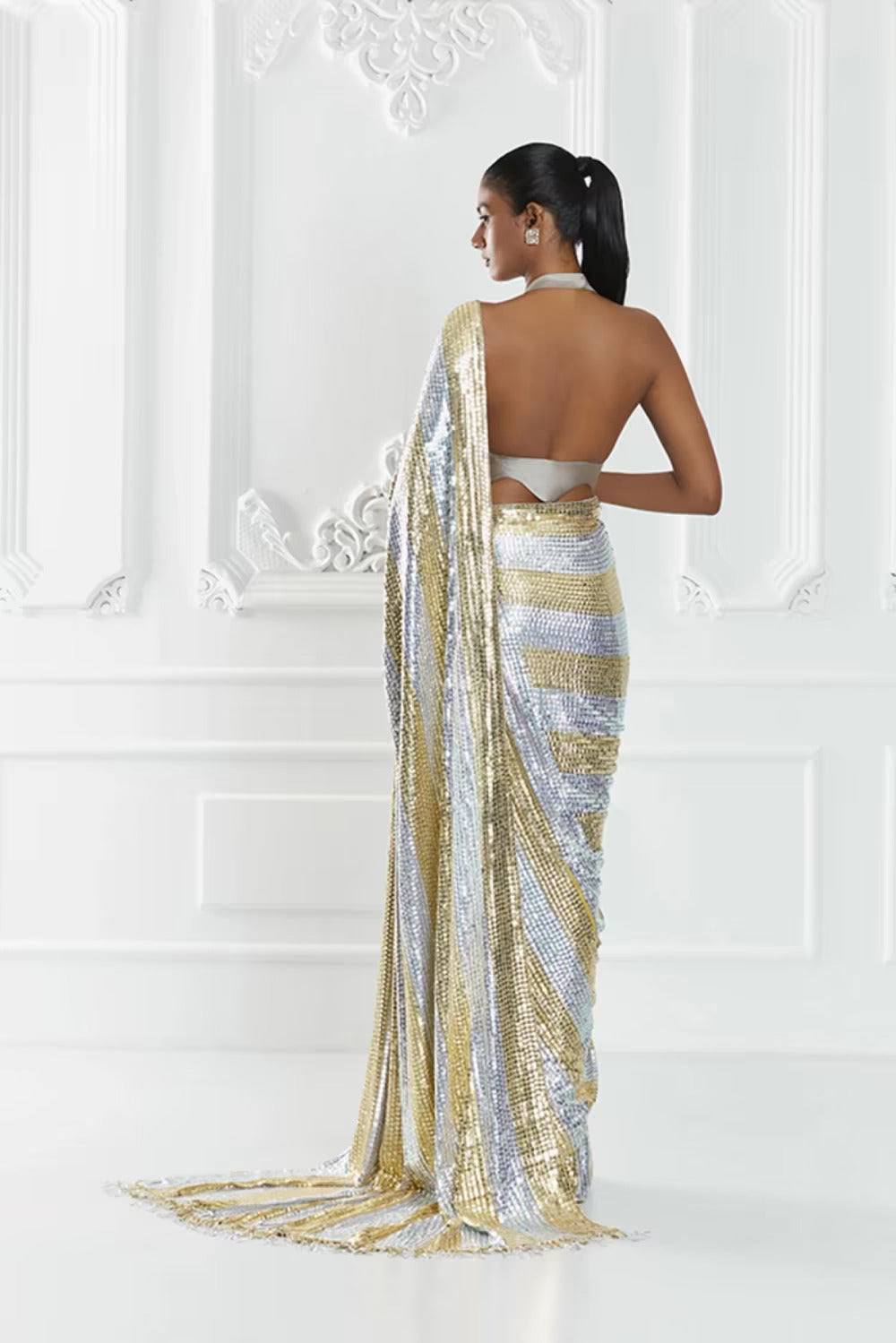 Gold and Silver Striped Sequin Saree Set