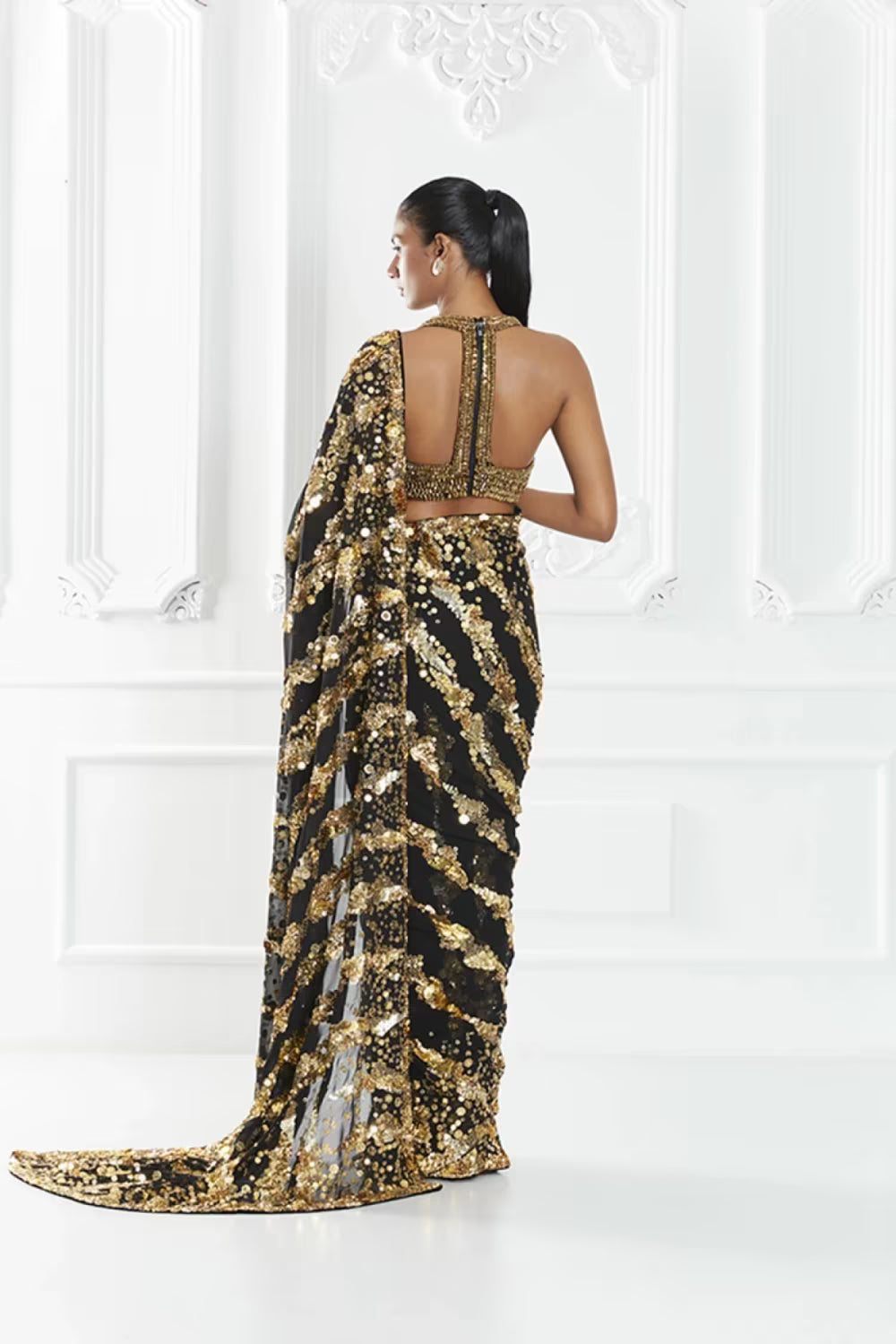 Black Sequin Embellished Saree Set