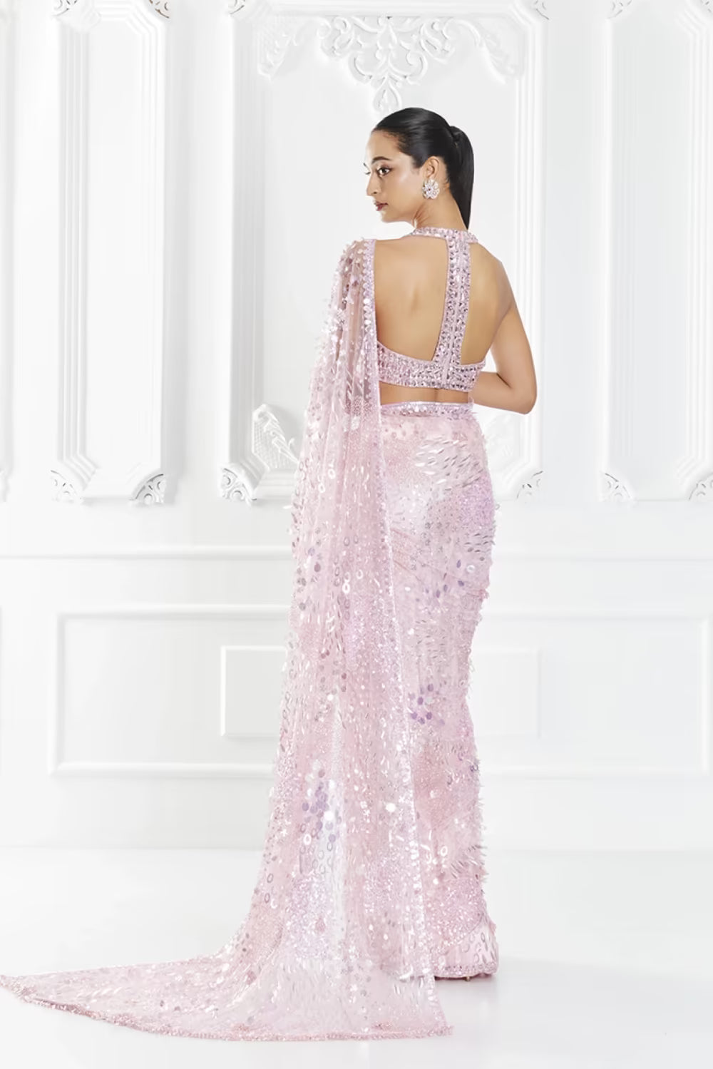 Pink Sequin Embellished Saree Set