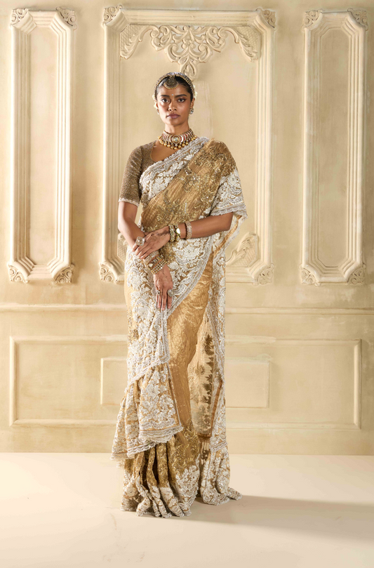 Gold Embroidered Tissue Saree Set
