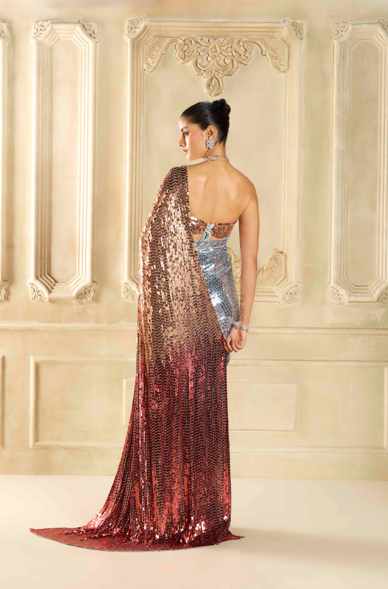 Gold Shaded Sequin Georgette Saree Set