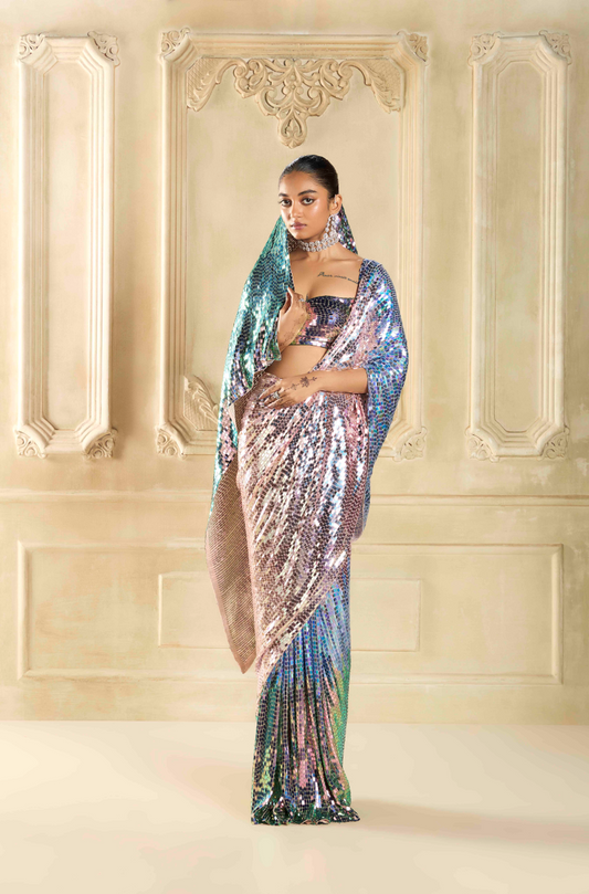 Iridescent sequin Georgette Saree Set